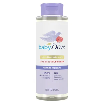 Showcases the product's gentle formula designed for sensitive baby skin, emphasizing its calming and moisturizing properties.