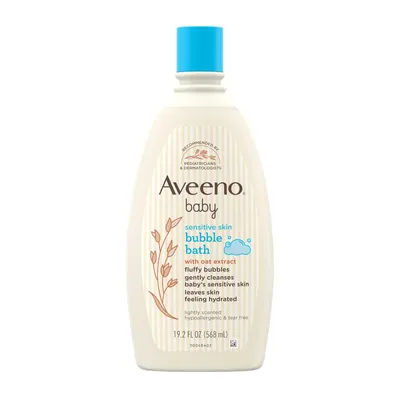 Showcases the Aveeno baby bubble bath product, emphasizing its gentle formula for sensitive skin. Displays the product packaging to highlight brand recognition and key product features.