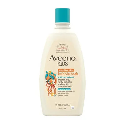 Showcases the product's gentle formula designed for kids with sensitive skin, emphasizing its suitability for children's bathing needs.