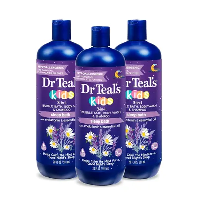 Shows multiple bottles of the same product to highlight quantity and consistency of the sleep bath formula for kids. Displays the product clearly to showcase its features as a 3-in-1 hypoallergenic…