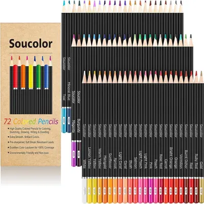 Showcases the wide range of colors available in the pencil set and displays the full product contents. Clearly shows all 72 colored pencils included in the set, allowing customers to see the exact…