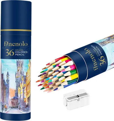 Showcases the product packaging and the variety of colored pencils included in the set. Highlights the attractive and practical packaging design, featuring artwork and product details.
