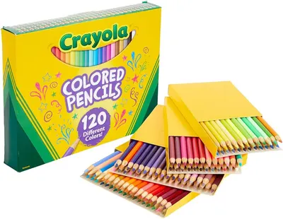 Showcases the product packaging and highlights the wide range of 120 different colored pencils included. Displays the individual sets of colored pencils to emphasize the quantity and organization of…