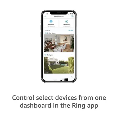 Showcases the Ring app interface to demonstrate the product's functionality and ease of use for monitoring multiple cameras.