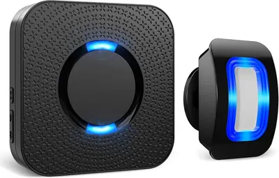 Shows the complete doorbell system with receiver and button to demonstrate the product's components and functionality. Highlights the blue LED lighting on both units to emphasize the modern design…