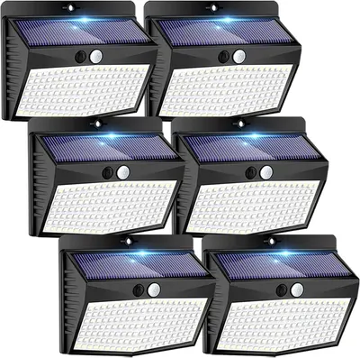 Showcases the product's design and key features, highlighting the solar panel and bright LED array. Demonstrates that the product comes in a set of multiple units, emphasizing value and coverage area.