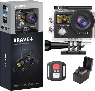 Shows the complete package contents including the camera, waterproof case, remote control, and battery charger to inform buyers of all included items. Displays the main product (Akaso Brave 4 action…