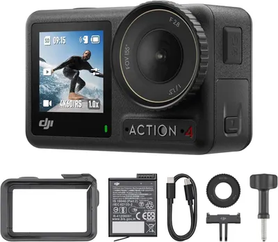 Showcases the DJI Action 4 camera and its included accessories to give shoppers a clear view of what's included in the package.