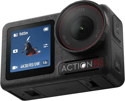 Showcases the main product, an action camera, clearly displaying its design and features.