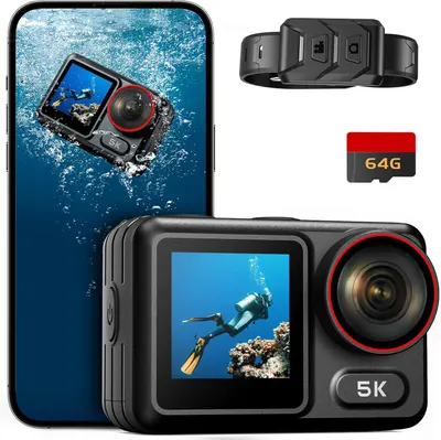 Showcases the product's waterproof capabilities and high-resolution video quality for underwater photography. Displays additional accessories included with the camera to highlight the complete…