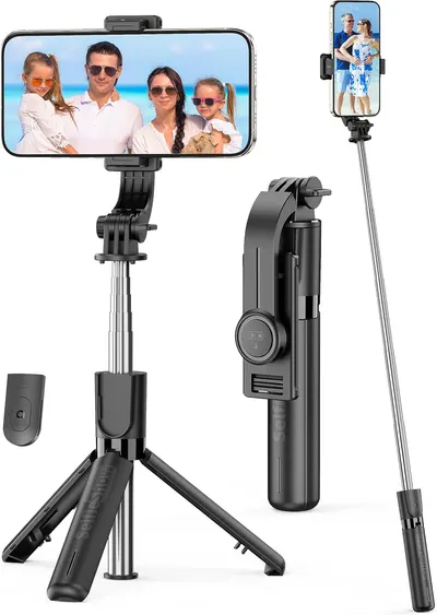 Showcases the product's versatility as both a selfie stick and tripod for smartphones. Highlights the included accessories like the remote control and adjustable phone mount.