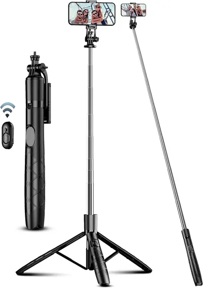 Showcases the product's versatility as both a selfie stick and tripod for smartphones. Highlights the included accessories like the wireless remote and adjustable phone holder.