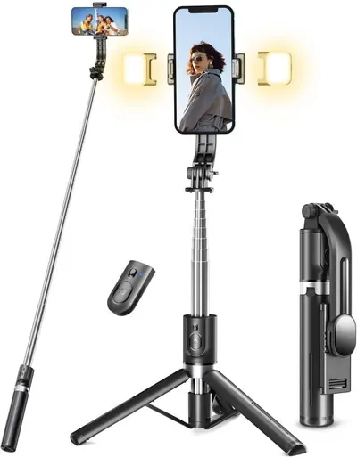Showcases the versatility of the product as both a selfie stick and tripod with built-in lighting for improved photo quality. Highlights the included accessories and features to demonstrate the…