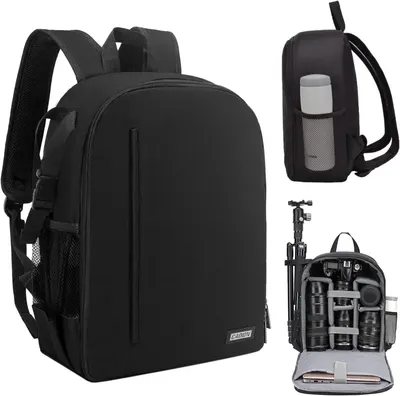 Showcases the product's design and storage capacity for camera equipment and accessories. Demonstrates the backpack's ability to organize and store various camera gear and accessories.