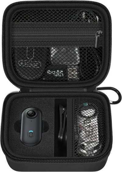Showcases the product's organized storage solution for a small camera and accessories, emphasizing portability and protection. Displays the main product (camera) along with included accessories,…