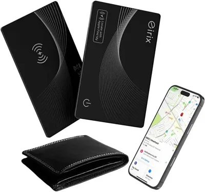 Showcases the main products - smart tracking cards and a wallet - to demonstrate the complete tracking solution for personal belongings. Illustrates how the tracking cards work with a smartphone…