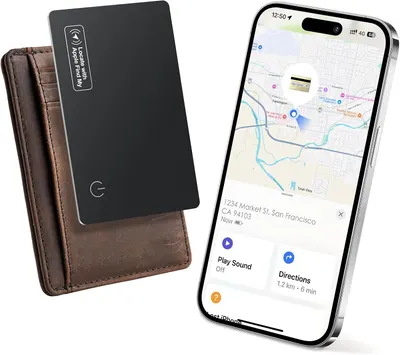 Demonstrates the product's ability to locate a wallet using a smartphone app, highlighting its tracking functionality. Shows all components of the tracking system: the tracker card, a wallet it can…