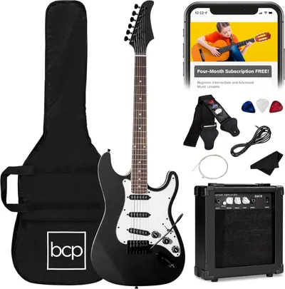 Showcases the complete electric guitar starter kit, including the guitar, amplifier, and accessories. Displays all the included accessories and components that come with the guitar kit, emphasizing…