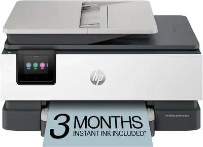 Showcases the HP OfficeJet Pro printer with its key features visible, including the touchscreen display and document feeder. Highlights a promotional offer of 3 months of instant ink included with…