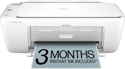 Showcases the printer's sleek, minimalist design and highlights the included 3-month Instant Ink subscription.