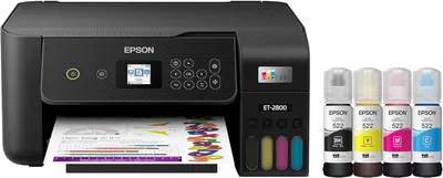 Showcases the Epson ET-2800 printer with its integrated ink tank system, highlighting the product's key features and design. Displays the included ink bottles to emphasize the printer's refillable…