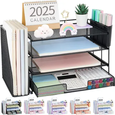 Showcases the product's design and functionality as a multi-tiered desk organizer for office supplies and accessories. Demonstrates the various components and storage options included in the desk…