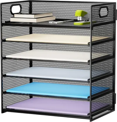 Showcases the product's design and functionality as a multi-tiered desk organizer for efficient document sorting and storage.
