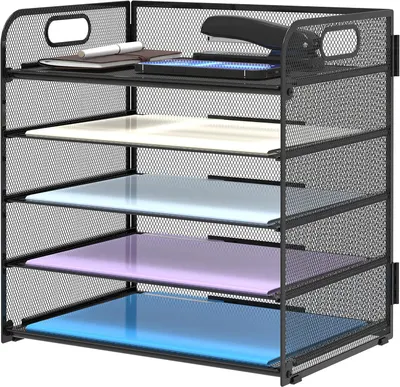 Showcases the product's design and functionality as a desk organizer with multiple shelves for efficient storage.