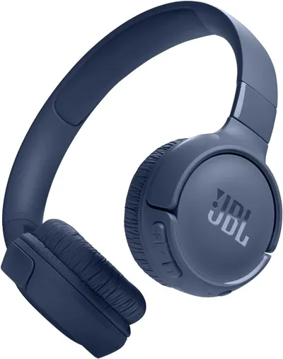 Showcases the sleek design and color of the JBL wireless headphones, highlighting their modern aesthetic and brand identity.