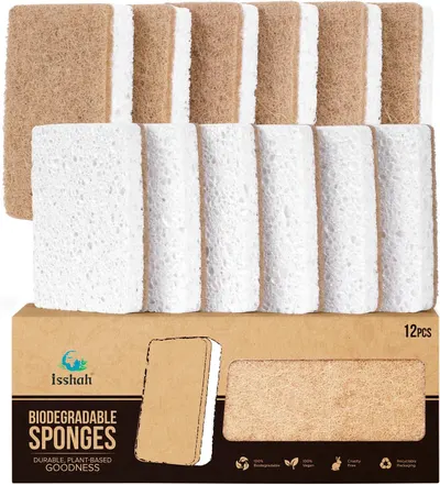 Showcases the product's eco-friendly nature and variety of sponge types included in the package. Displays the different types and quantity of sponges included in the package, highlighting product…