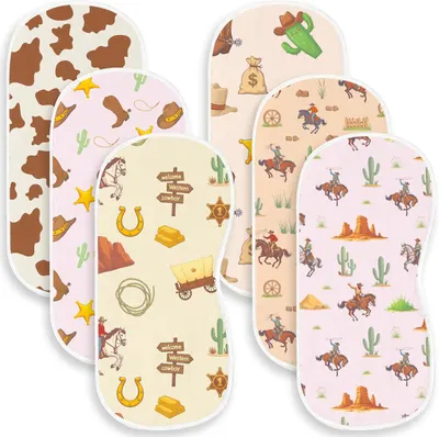 Showcases multiple design options for the product, likely burp cloths or bibs, featuring various cowboy and western-themed patterns.