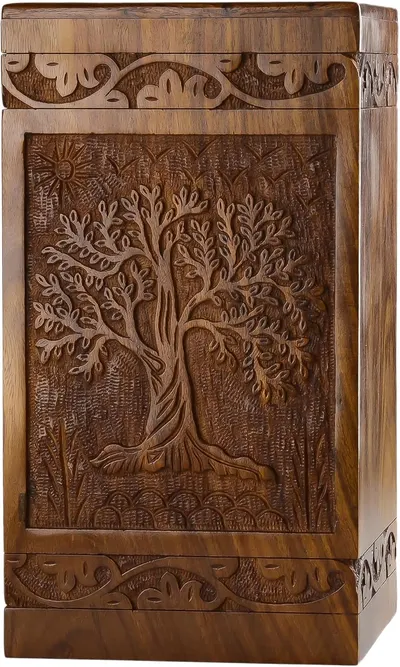 Showcases the intricate carving and craftsmanship of the wooden box, highlighting its artistic and decorative value.