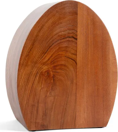 Showcases the natural wood grain and unique shape of the decorative object.