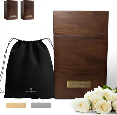Showcases the main product, a wooden urn, along with its customization options and included accessories. Displays the complete set of items included with the urn, including a carrying bag and…