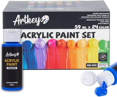 Showcases the full acrylic paint set with its wide range of vibrant colors to attract artists and hobbyists. Displays the product packaging and individual paint tubes to highlight the quantity and…