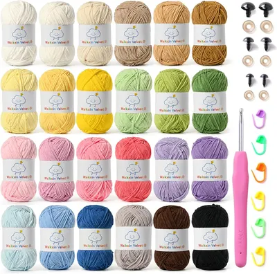 Showcases the wide range of yarn colors available and includes additional crochet accessories to highlight the complete kit. Displays the full spectrum of yarn colors available, allowing customers…