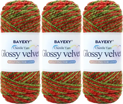 Showcases multiple color options of the same chenille yarn product, allowing customers to see the red and green color combination. Displays the chenille yarn's texture and material quality,…