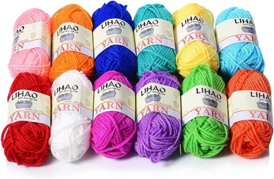 Showcases the wide range of vibrant yarn colors available, appealing to crafters looking for variety. Displays multiple skeins of yarn to illustrate the quantity and variety included in the purchase.