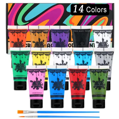 Showcases the full range of 14 vibrant face paint colors included in the set, along with application brushes.