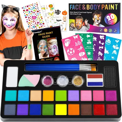 Showcases the full face painting kit with all included components, emphasizing the wide range of colors and accessories available. Displays example face paintings and stencils to inspire creativity…