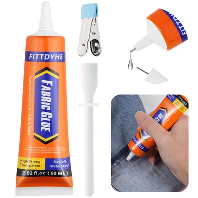 Showcases the main product (fabric glue) along with its included accessories for fabric repair. Displays all components of the fabric glue kit, including applicators and tools, to show the complete…