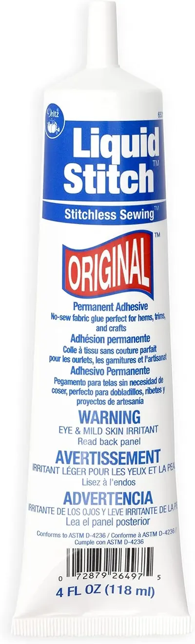 Showcases the product clearly, highlighting its function as a permanent adhesive for stitchless sewing and crafts.