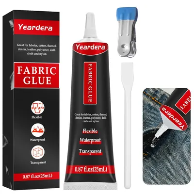 Showcases the main product (fabric glue) along with included accessories to demonstrate the complete package customers will receive. Highlights the additional tools (applicator, brush) included with…