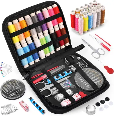 Showcases all the components included in the sewing kit, demonstrating the comprehensive nature of the product.