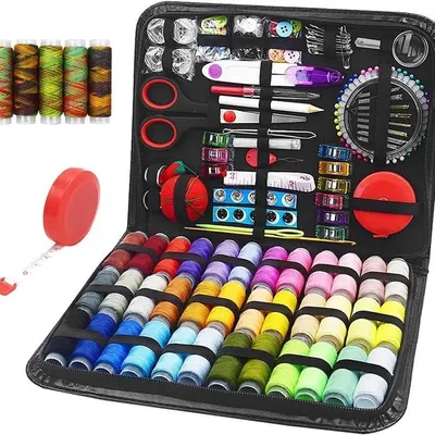 Showcases the complete set of sewing tools and materials included in the kit, demonstrating the product's value and versatility.