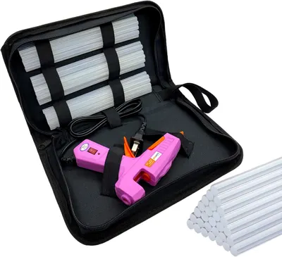 Shows the full contents of the glue gun kit, including the gun, glue sticks, and carrying case. Highlights all the components that come with the product, emphasizing the value and completeness of…