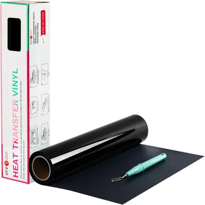 Shows the product packaging alongside the actual heat transfer vinyl roll and application tool to give customers a clear idea of what they will receive.