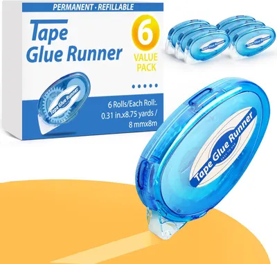 Showcases the product's value proposition of 6 refillable tape glue runners in one pack, emphasizing quantity and reusability. Displays the individual tape glue runners and their packaging to give a…