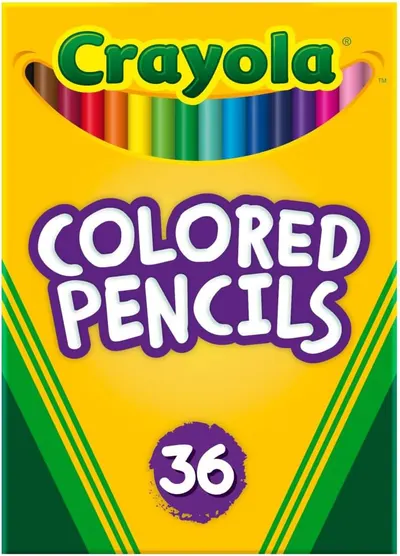 Showcases the product packaging and highlights the variety of colors included in the set of colored pencils.