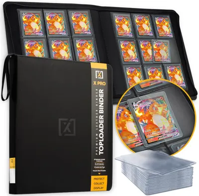 Showcases the binder's capacity to store and protect multiple trading cards, emphasizing its organizational features.